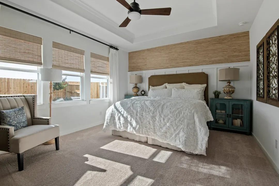 Primary suite with decorative feature wall and tray ceiling