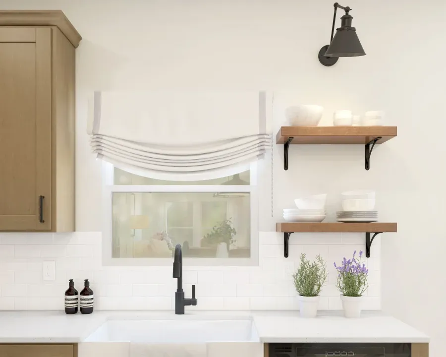 Kitchen with tile backsplash and floating shelves