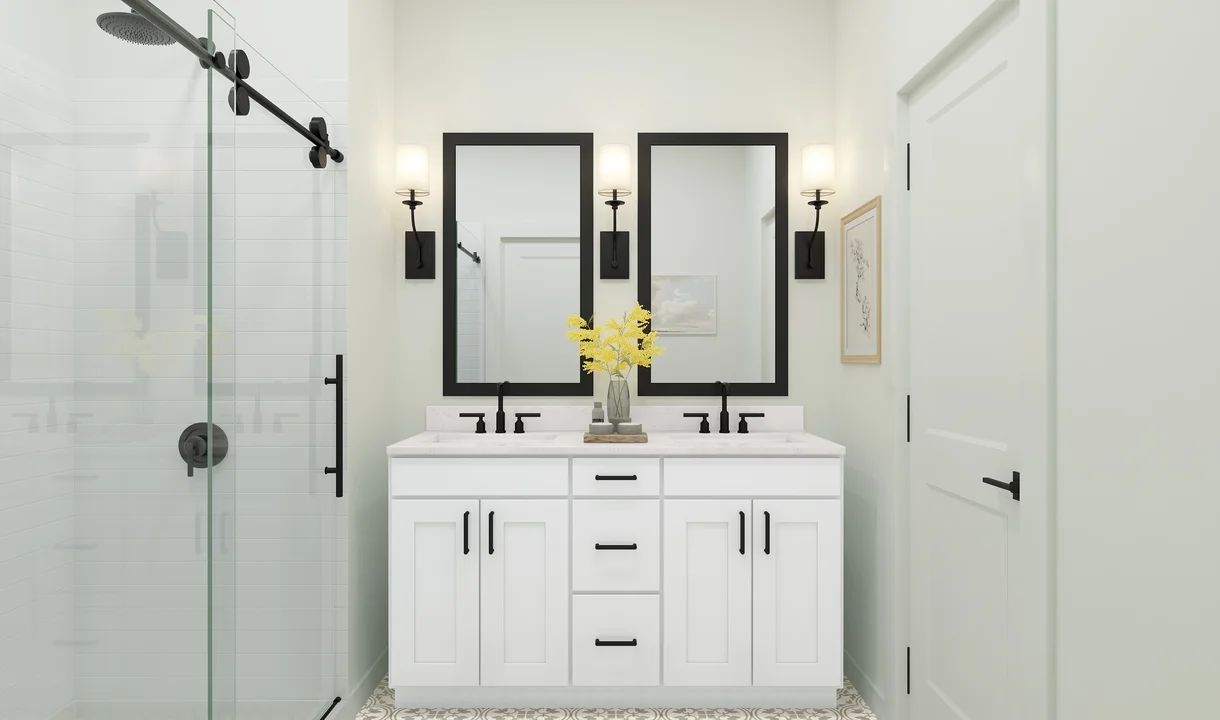 Primary bath features vanity with dual sinks