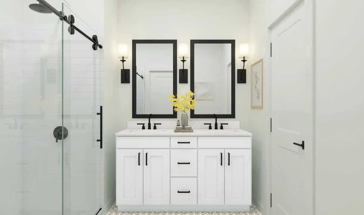 Primary bath features vanity with dual sinks