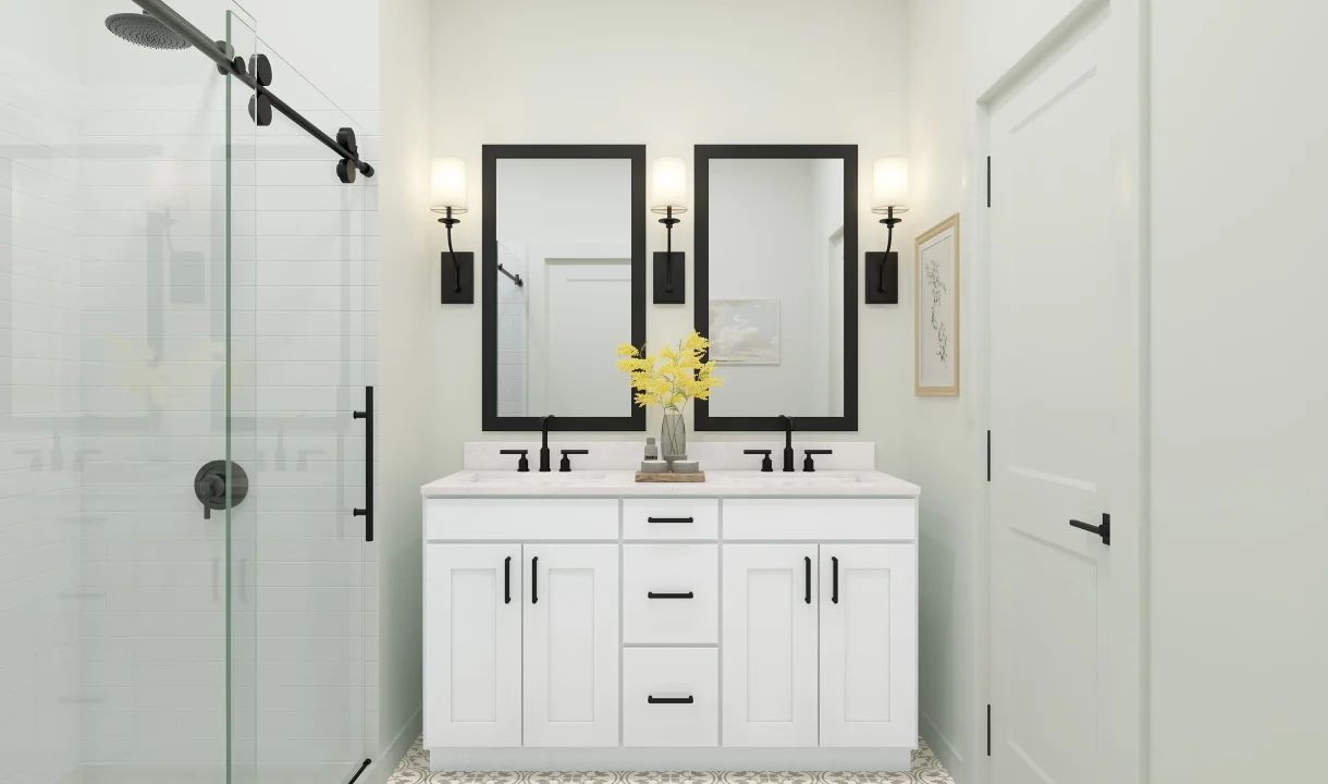 Primary bath features vanity with dual sinks
