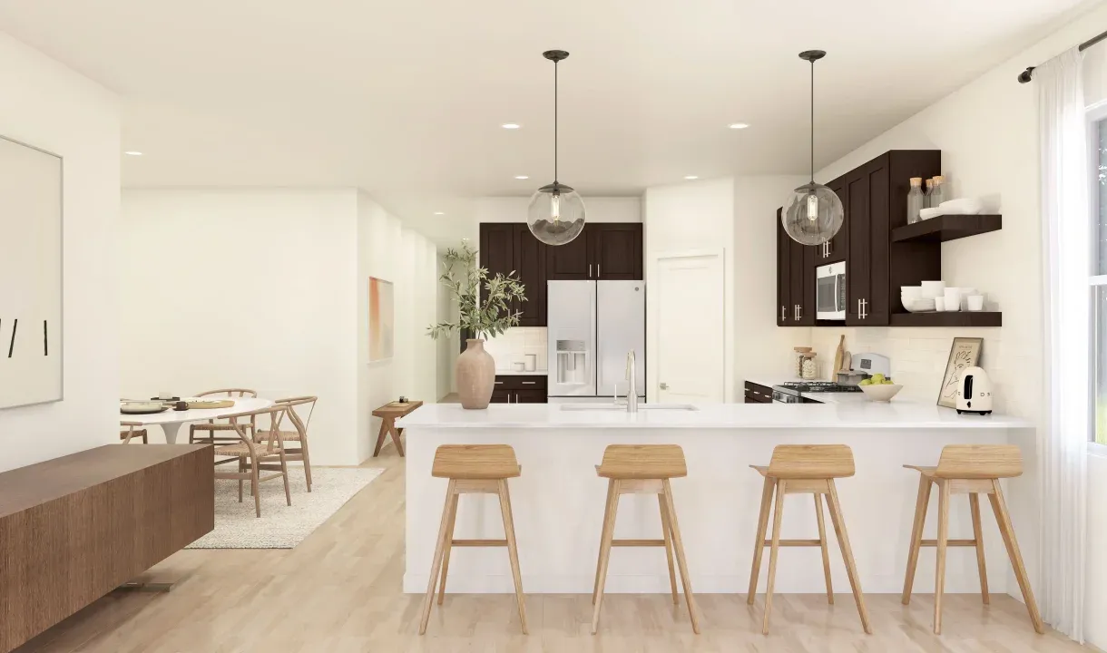 Kitchen with floating shelves and pendant lighting