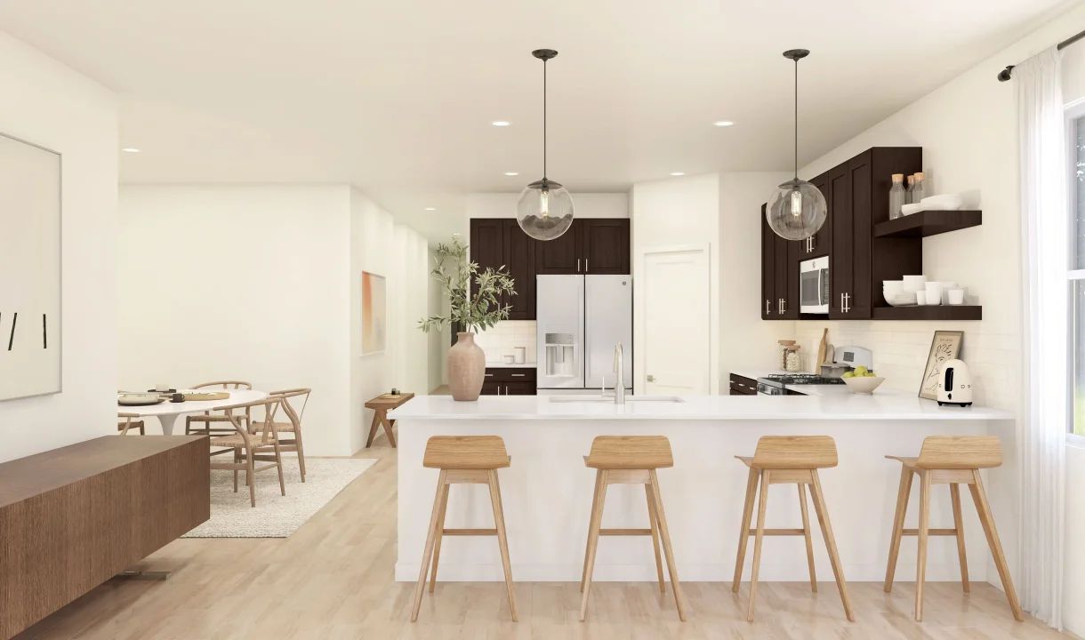 Kitchen with floating shelves and pendant lighting