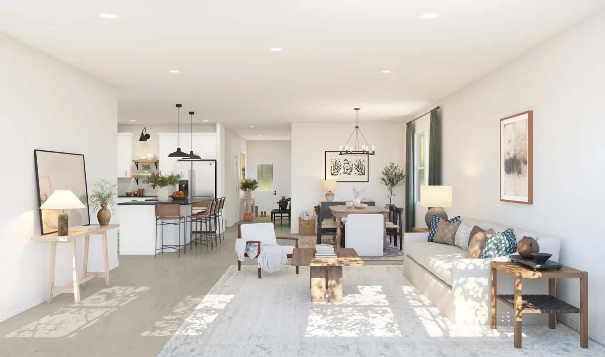 Bright and open great room with luxurious tile flooring