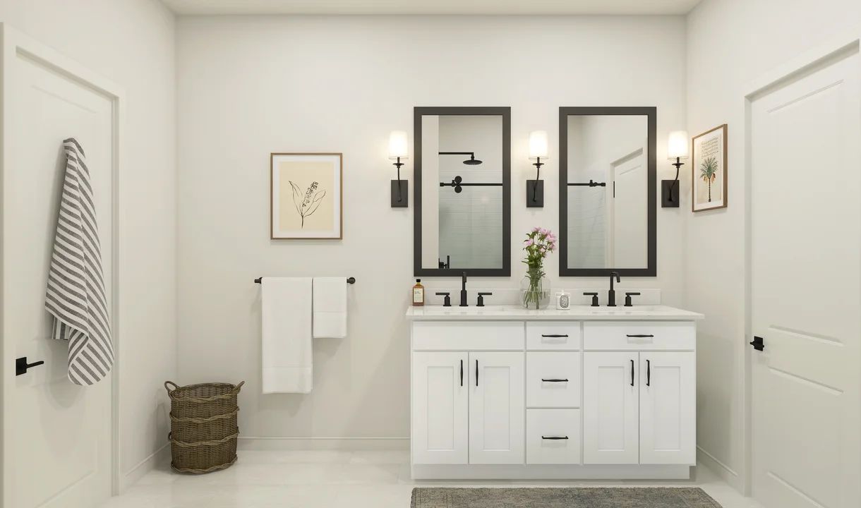 Primary bath with dual matte black mirrors
