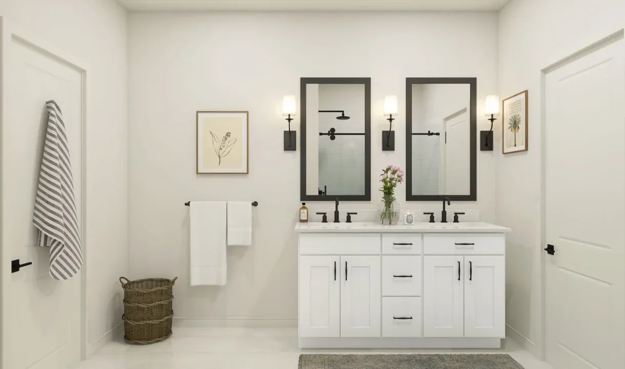 Primary bath with dual matte black mirrors