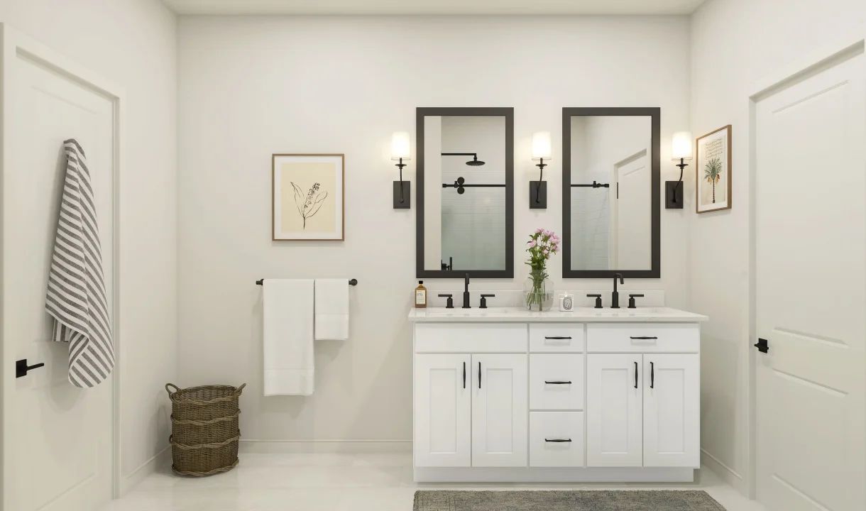 Primary bath with dual matte black mirrors