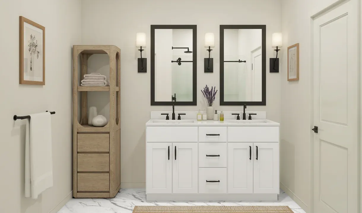Primary bath with dual sinks and matte-black mirrors