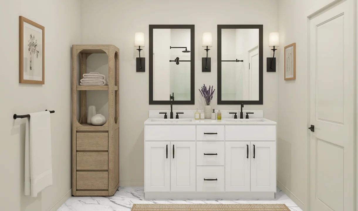 Primary bath with dual sinks and matte-black mirrors