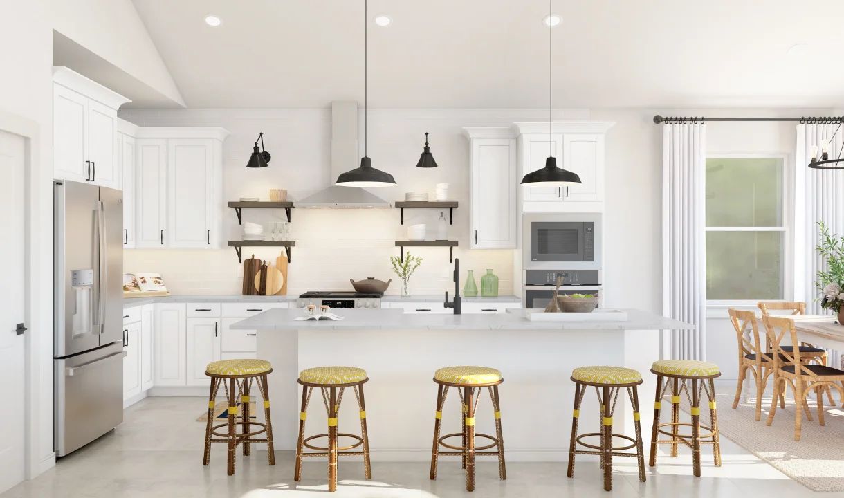 Kitchen with pendant lighting and floating shelves