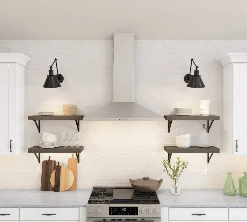Kitchen with floating shelves and stainless steel hood