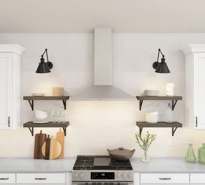 Kitchen with floating shelves and stainless steel hood