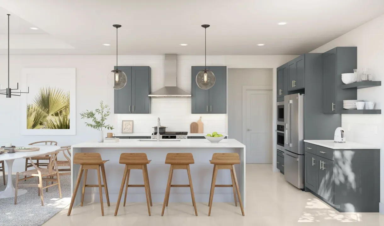 Kitchen with waterfall island and pendant lighting