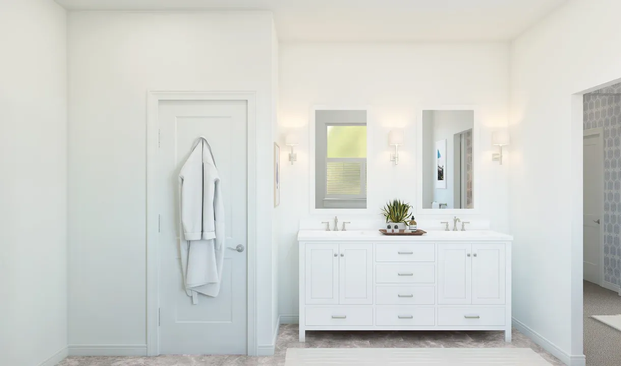 Primary bath with freestanding vanity and brushed nickel finishes