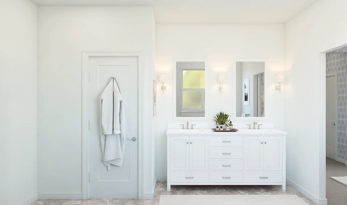Primary bath with freestanding vanity and brushed nickel finishes