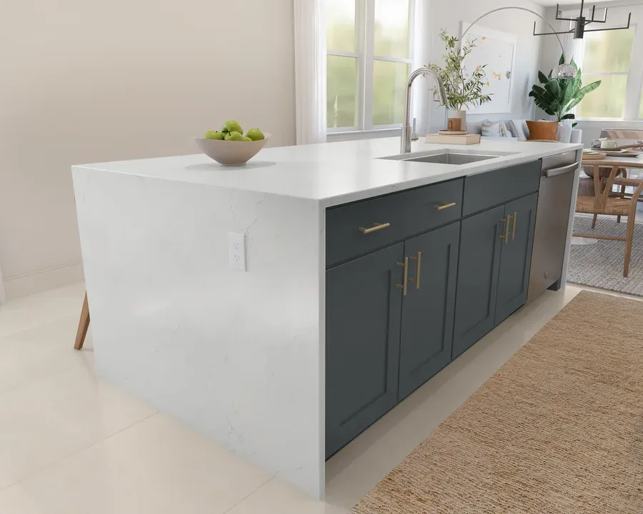 Kitchen with waterfall island and stainless steel undermount sink