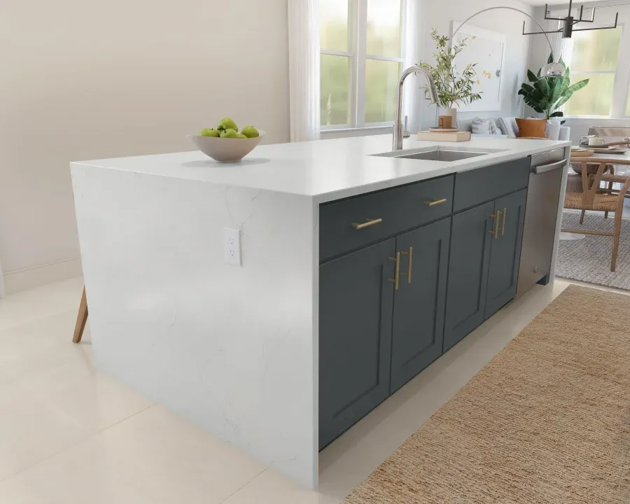 Kitchen with waterfall island and stainless steel undermount sink