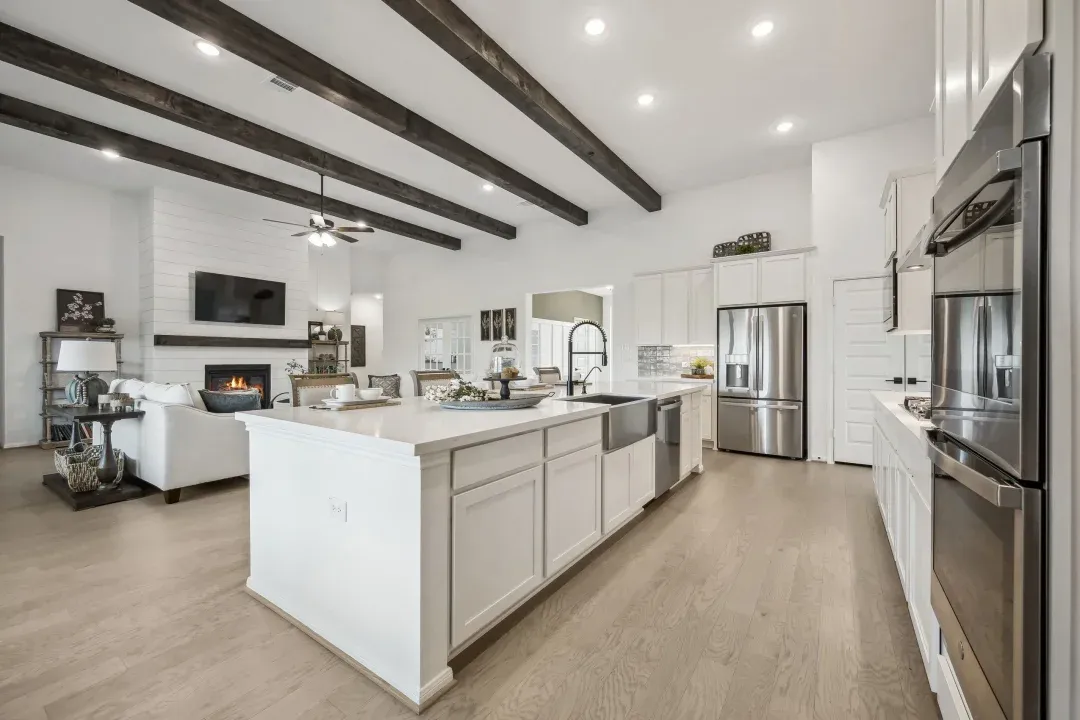 Kitchen with stainless steel apron-front sink and appliances