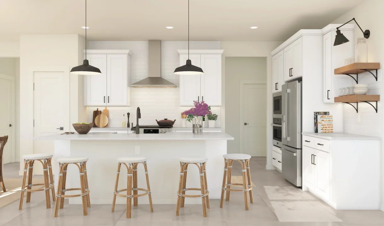 Kitchen with pendant lighting and floating shelves