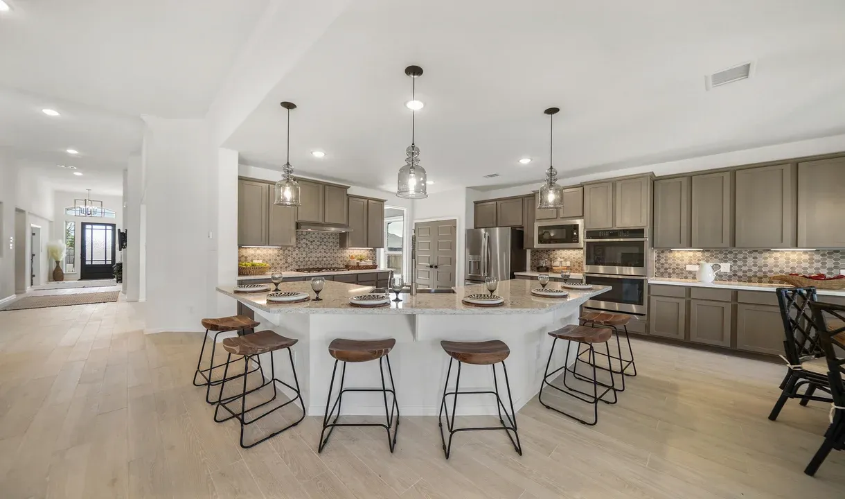 Kitchen with island and pendant lighting