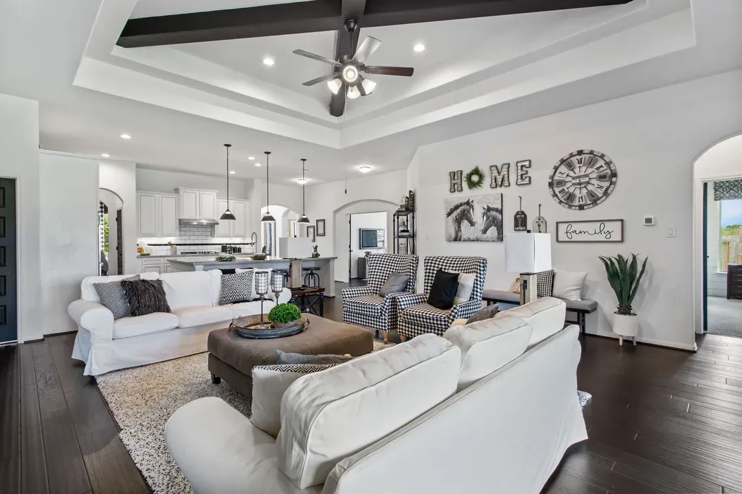 Great room with tray ceiling