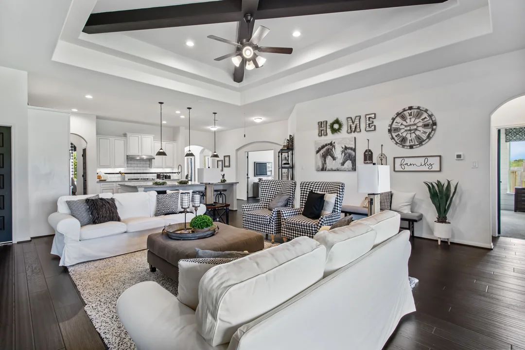 Great room with tray ceiling