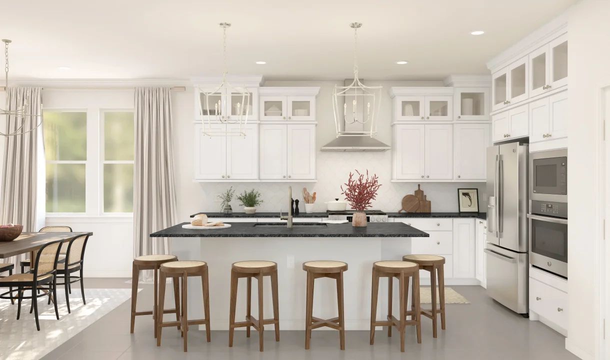 Kitchen with pendant lighting and glass upper cabinets