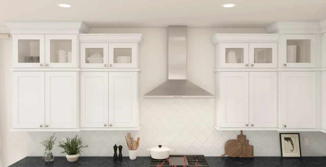 Kitchen with glass upper cabinets and vent hood