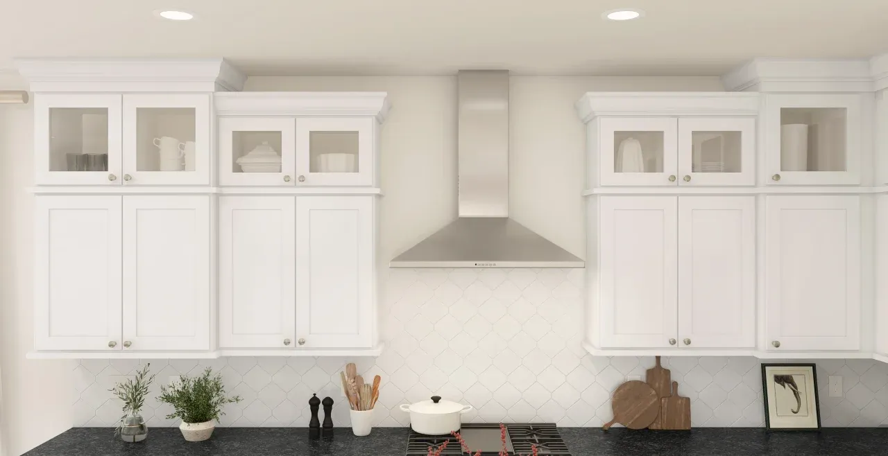 Kitchen with glass upper cabinets and vent hood