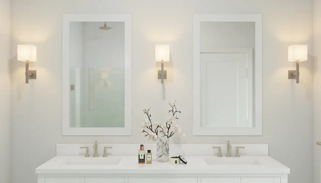 Primary bath with white-framed mirrors