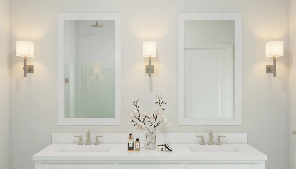 Primary bath with white-framed mirrors