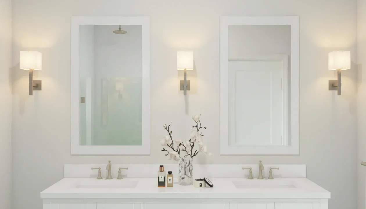 Primary bath with white-framed mirrors
