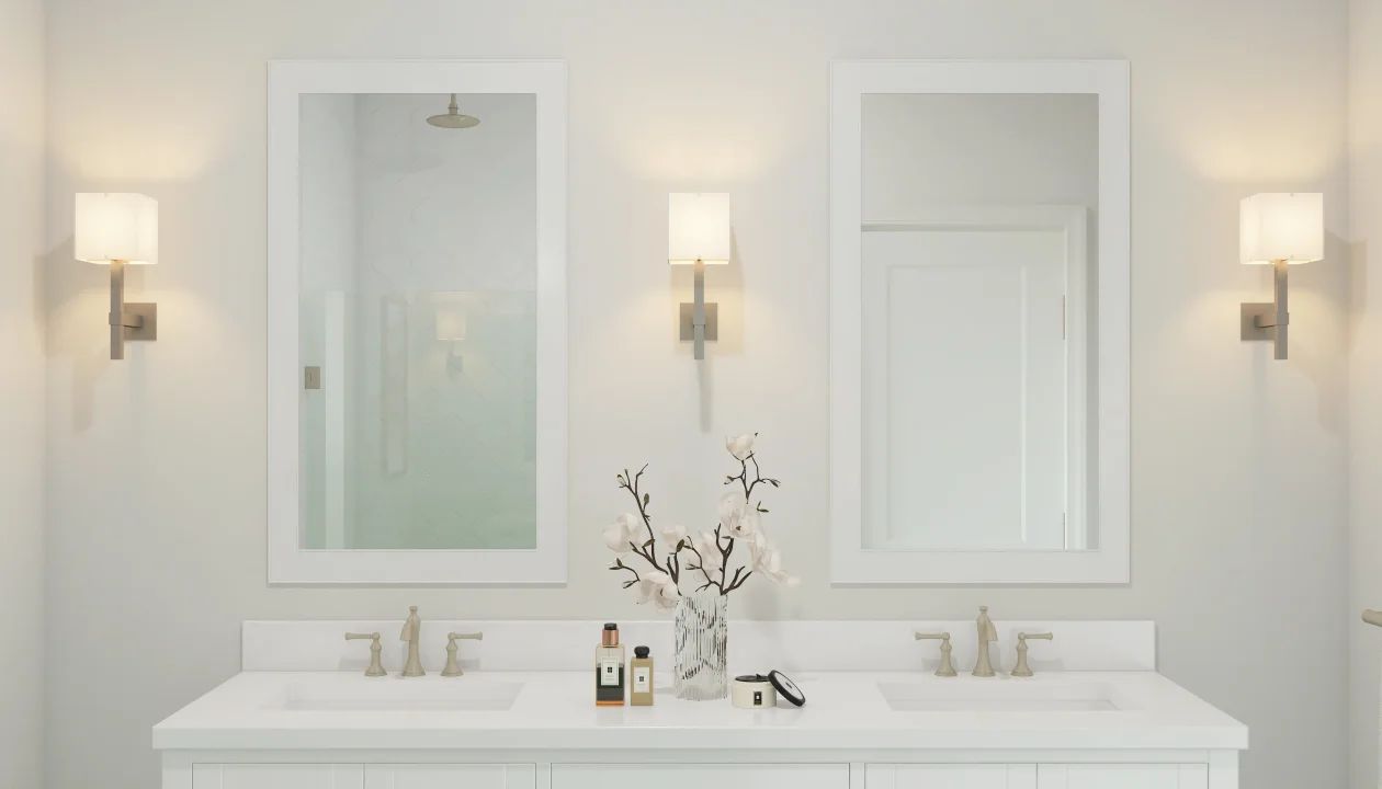 Primary bath with white-framed mirrors