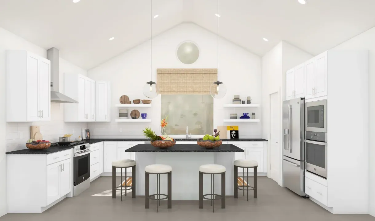 Kitchen with vaulted ceiling and pendant lighting