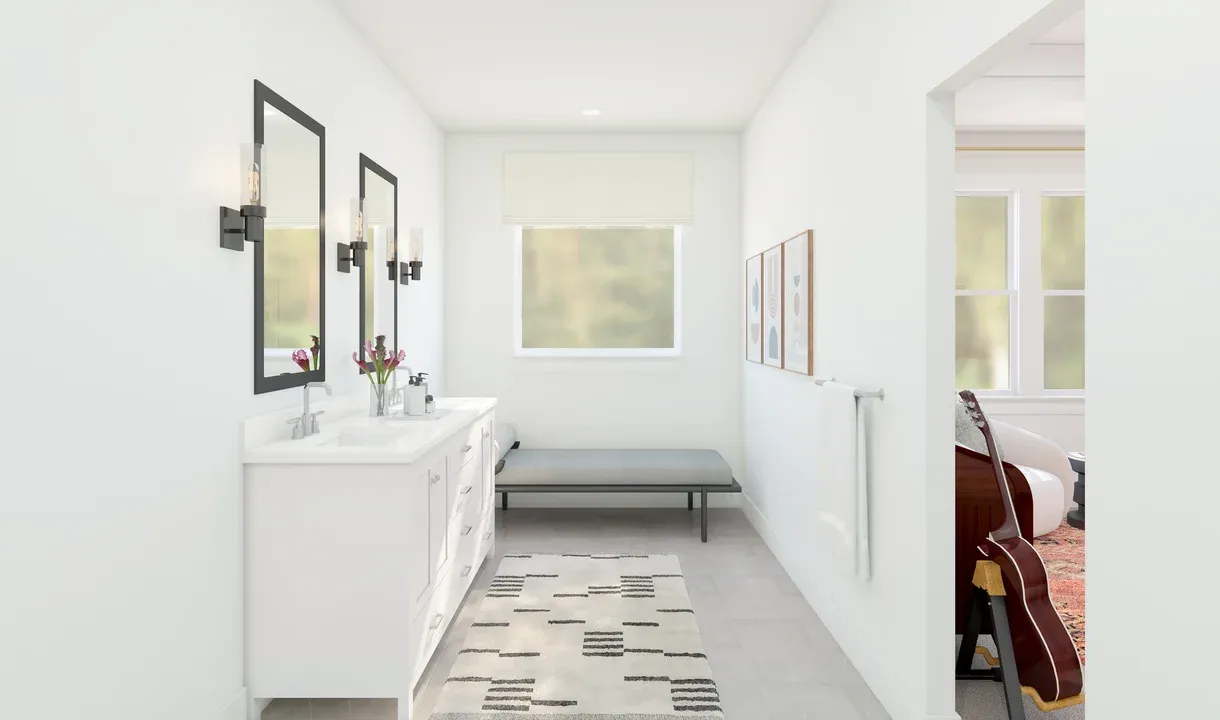 Primary bath with dual sinks and chrome fixtures