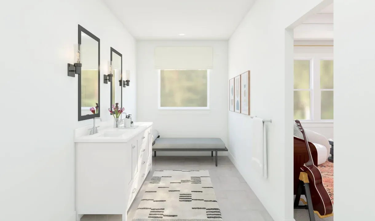 Primary bath with dual sinks and chrome fixtures