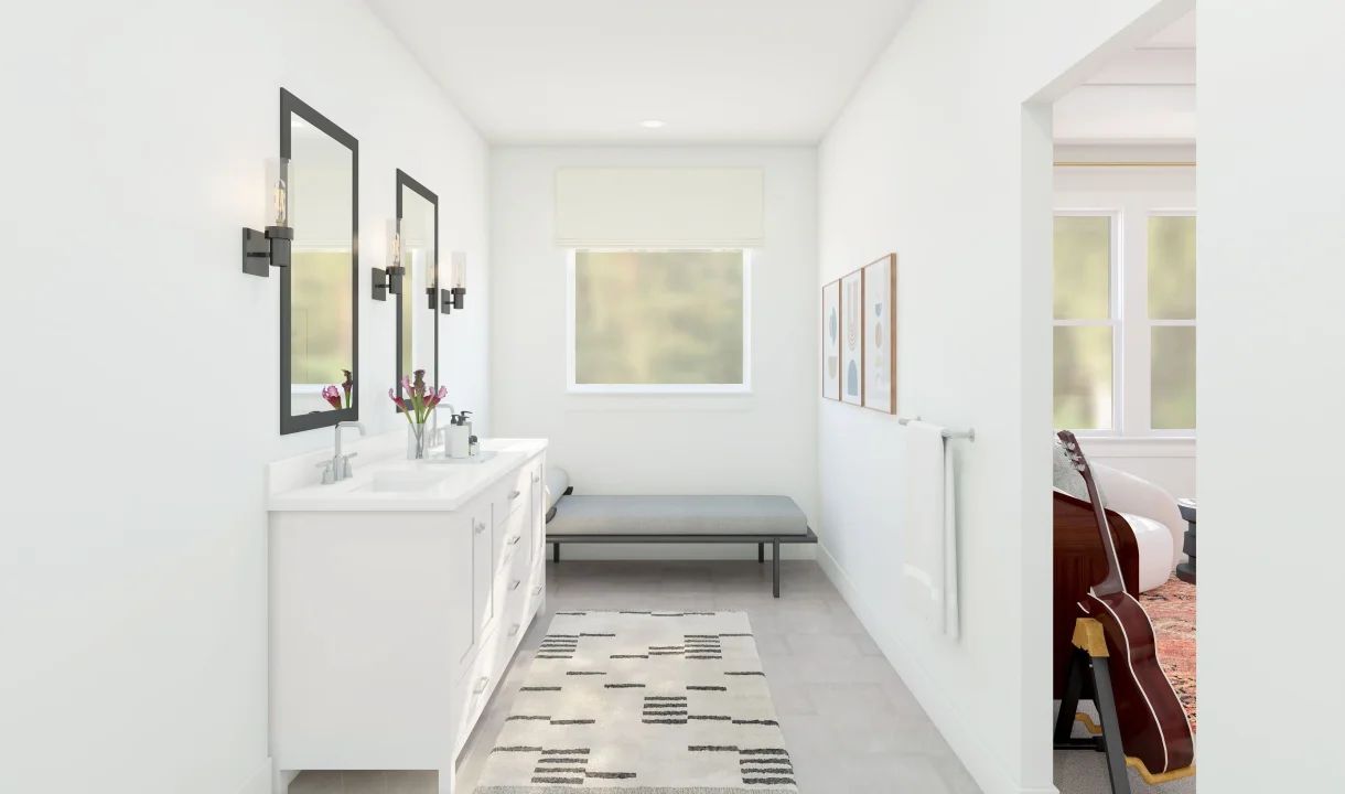 Primary bath with dual sinks and chrome fixtures