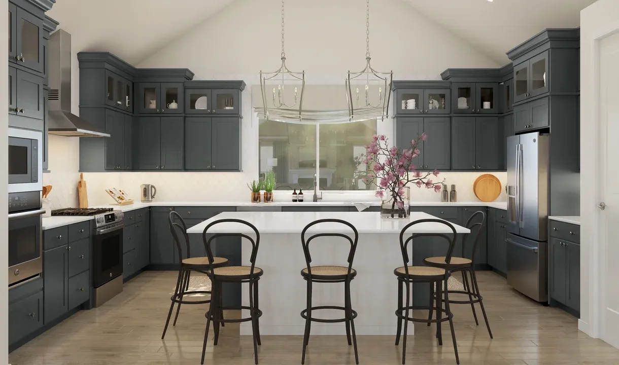 Kitchen with pendant lighting and glass upper cabinets