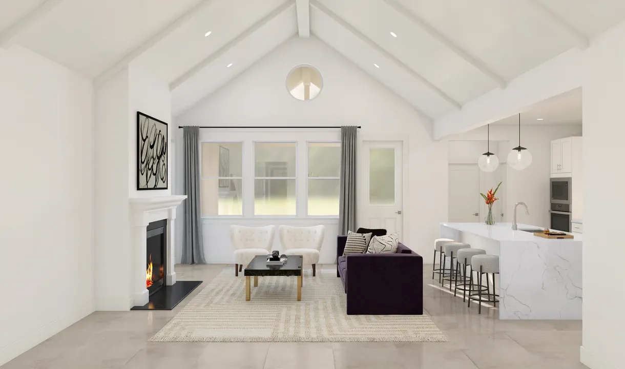 Great room with vaulted ceiling and painted ceiling beams