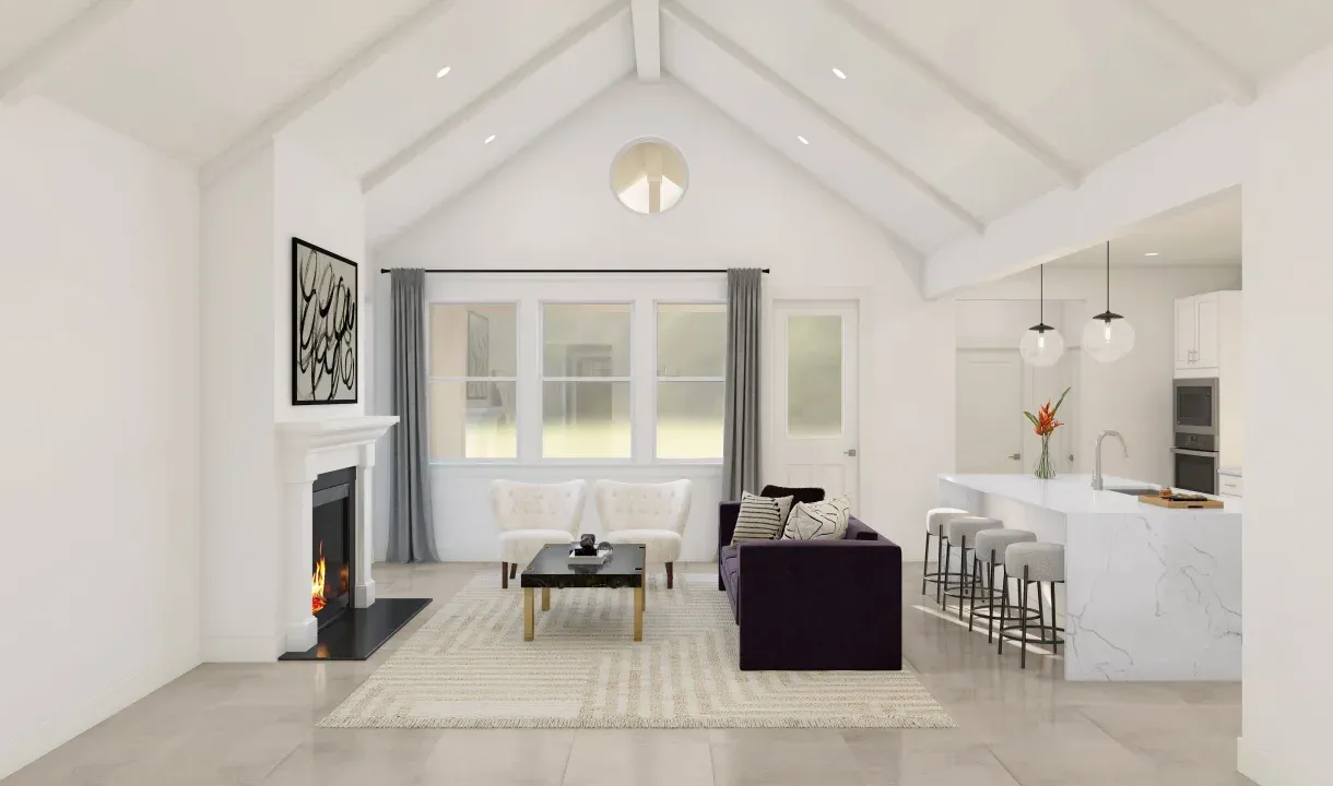 Great room with vaulted ceiling and painted ceiling beams