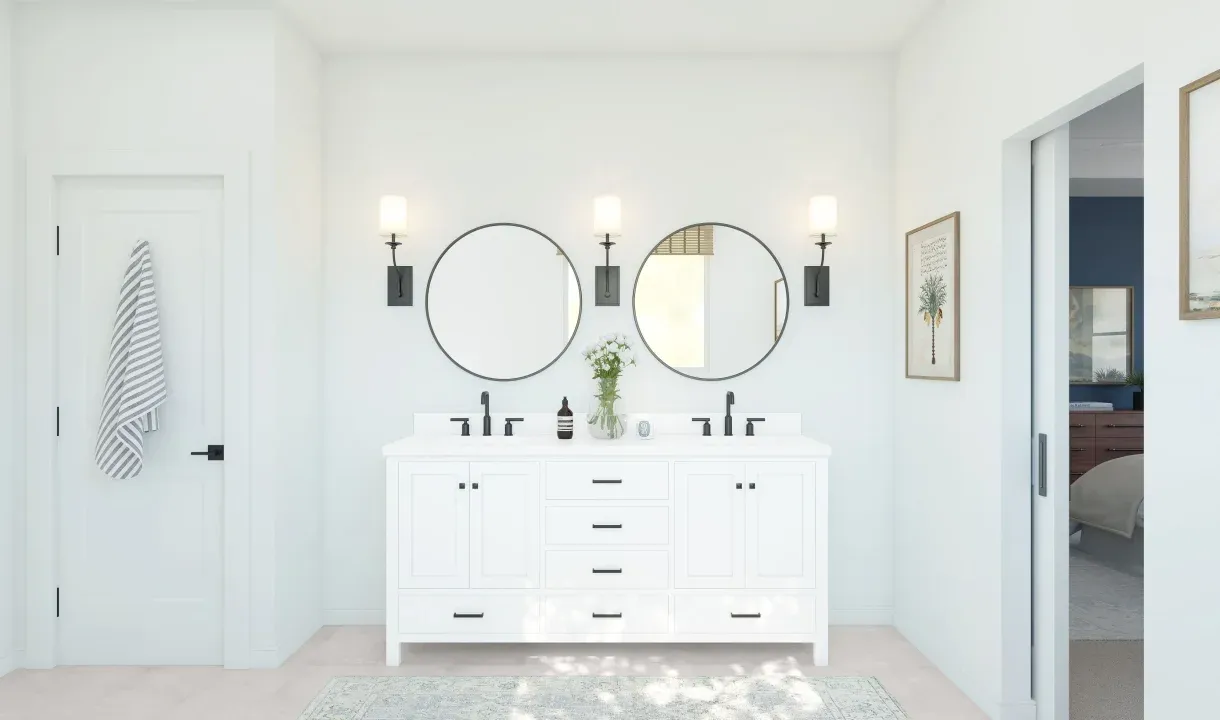 Primary bath with freestanding vanity