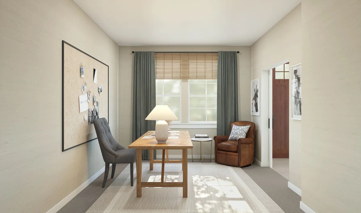 Home office with double barn doors off the foyer