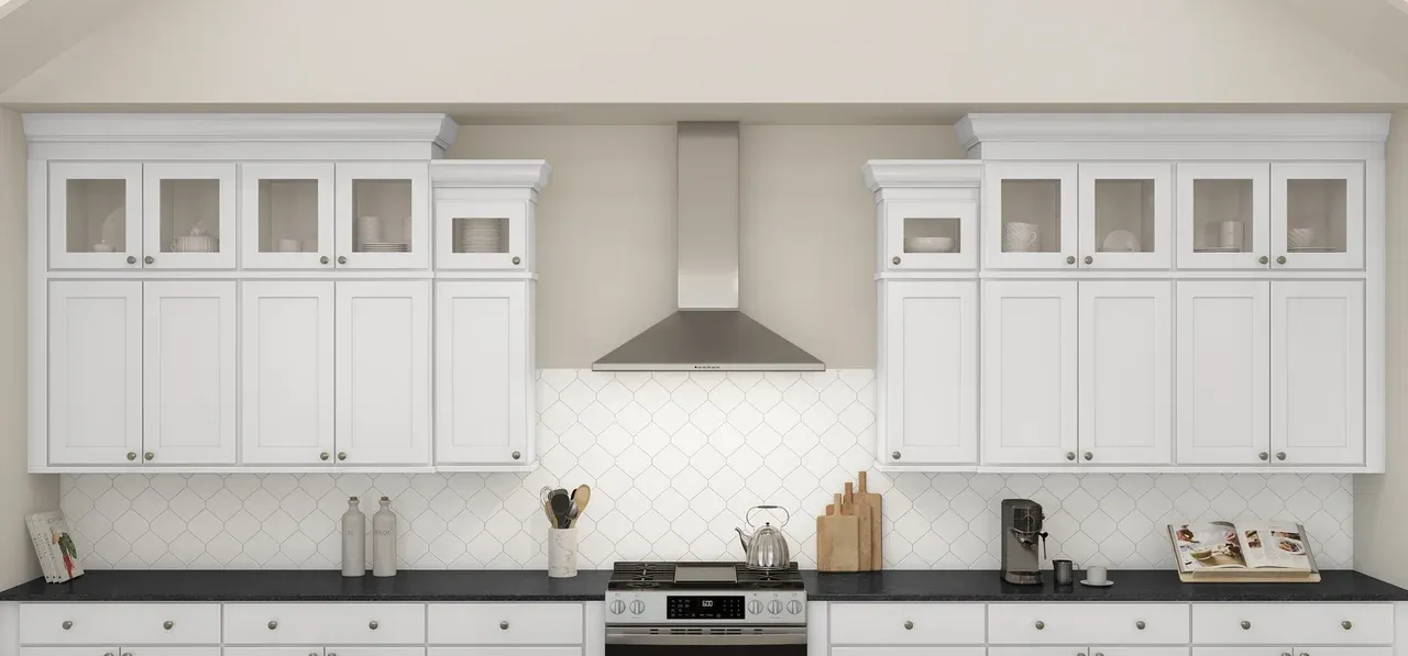 Kitchen with glass upper cabinets and stainless steel appliances