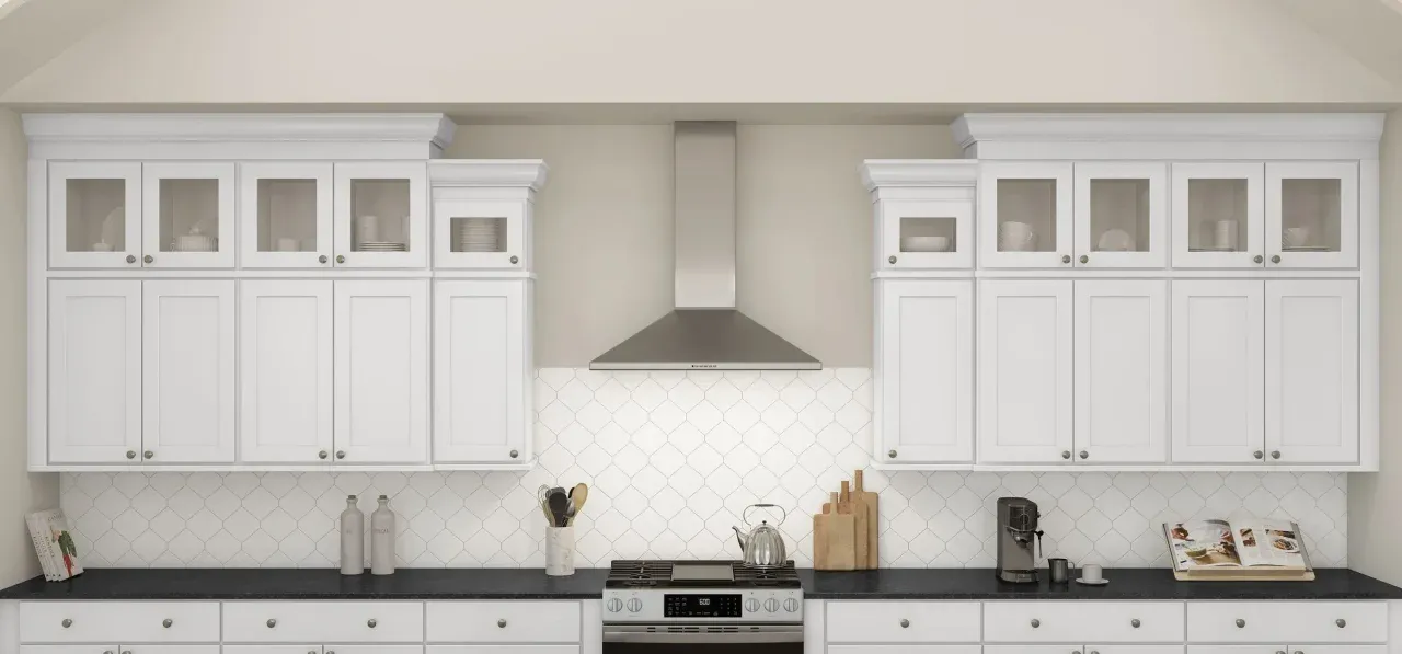 Kitchen with glass upper cabinets and stainless steel appliances