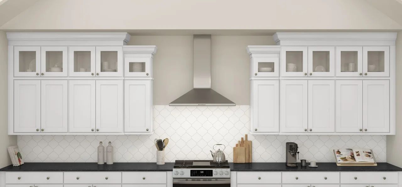 Kitchen with glass upper cabinets and stainless steel appliances