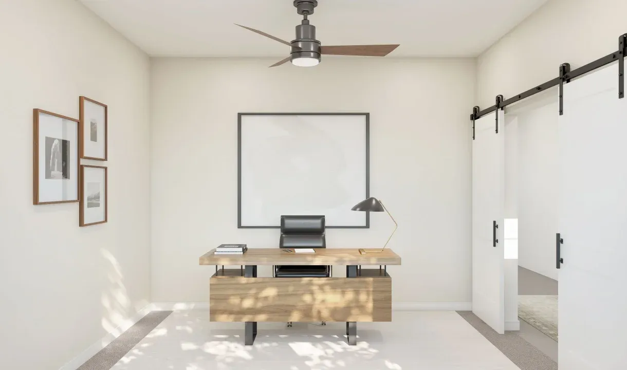 Home office off foyer with double barn doors