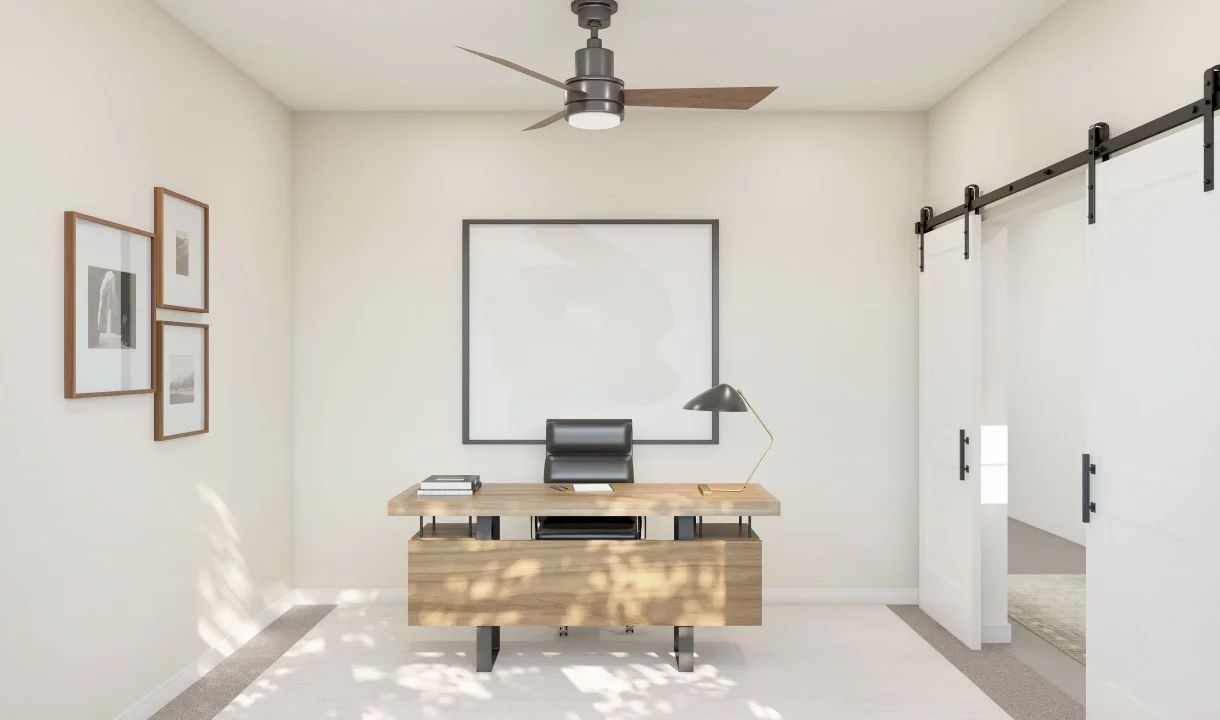 Home office off foyer with double barn doors