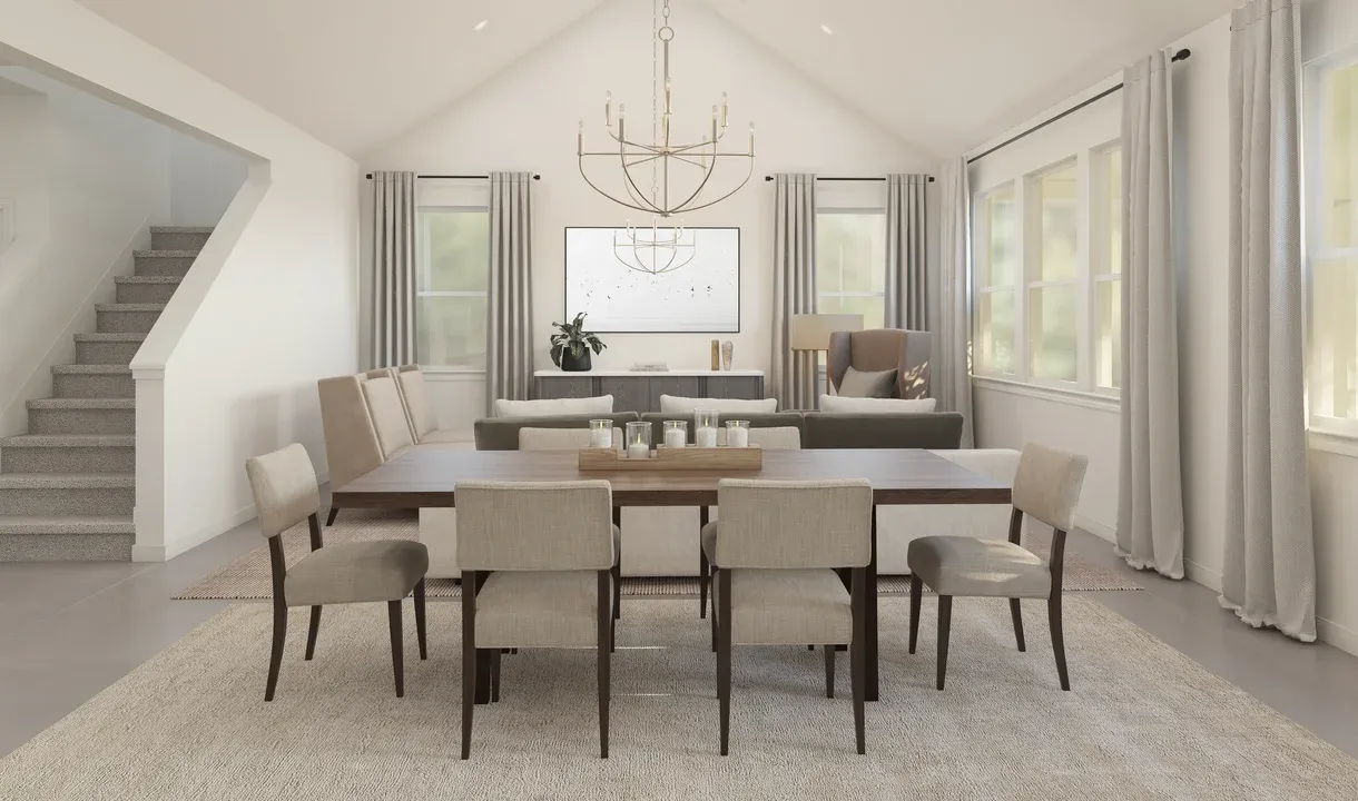 Dining area with chandelier overlooking great room