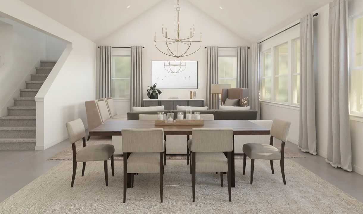 Dining area with chandelier overlooking great room