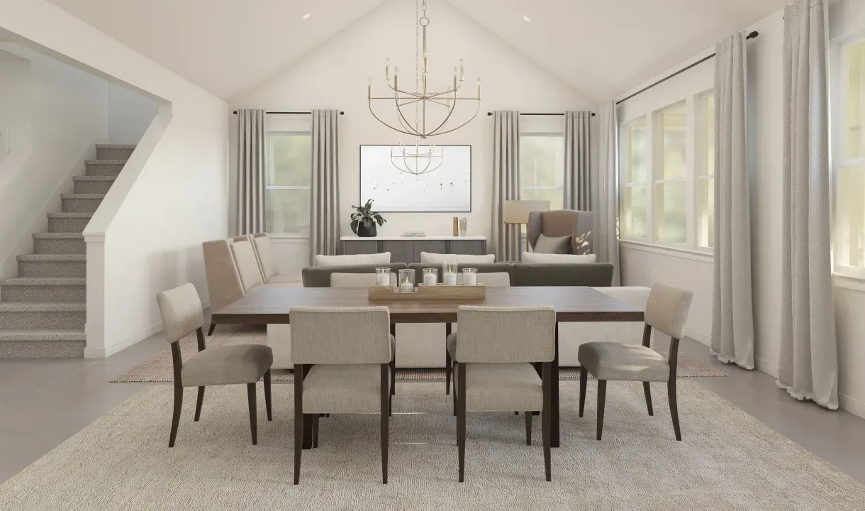Dining area with chandelier overlooking great room